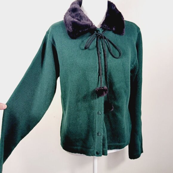 Vintage Marisa Christina Drk Green Cardigan Faux Fur Collar W Pom Christmas 2001 - Picture 7 of 15